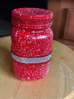 NWT-Red & white splash-Decorative mason Jar with Rhinestone Band! NEW!